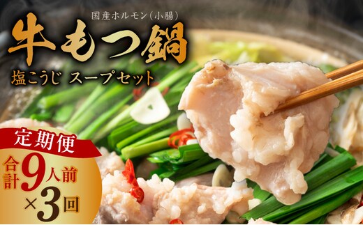 【定期便】牛もつ鍋セット 9人前 全3回【毎月配送コース 国産 牛肉 ホルモン 塩こうじ スープ付き モツ 鍋 高評価 冷凍 鍋セット 簡単調理】 099Z420