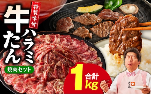 【定期便】牛タン＆牛ハラミ お試し 1kg 焼肉セット【成型牛たん ハラミ 味付き 牛肉 やきにく BBQ 薄切り スライス 訳あり サイズ不揃い 2026年2月＆5月発送 全2回】 099Z444