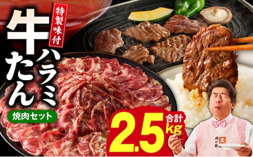 【定期便】牛タン＆牛ハラミ 総量 2.5kg 焼肉セット【成型牛たん ハラミ 牛肉 焼肉用 薄切り 訳あり サイズ不揃い 2026年3月＆6月発送 全2回】 099Z448
