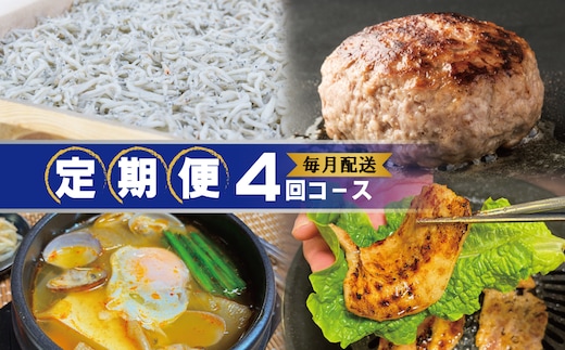 店主セレクト 食べ比べ 定期便 全4回（ハンバーグ／しらす／スンドゥブチゲ／サムギョプサル）【毎月配送コース】 099Z497