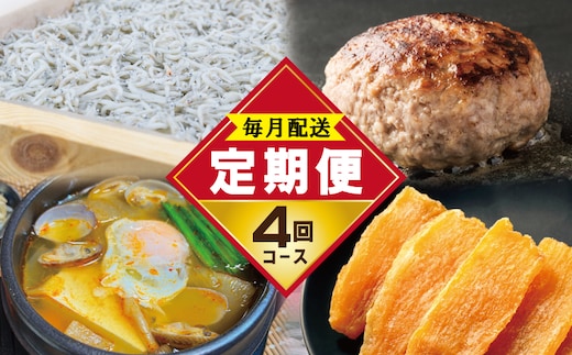 店主セレクト 食べ比べ 定期便 全4回（ハンバーグ／しらす／スンドゥブチゲ／干し芋）【毎月配送コース】 099Z500