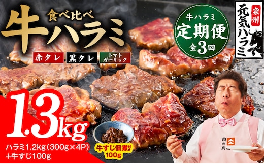 【食べ比べ定期便】牛ハラミ 1.3kg×全3回【牛肉 はらみ 小分け 焼肉 お弁当 BBQ 訳あり ワケアリ わけあり サイズ不揃い 規格外 TVで話題 大阪 泉佐野 大阪府 泉佐野市】 099Z586