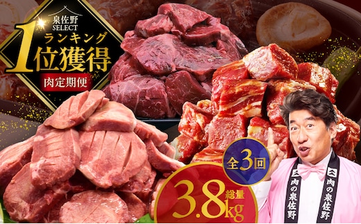 1位獲得の肉 定期便 全3回 総量 3.8kg【牛肉 焼肉 牛タン ハラミ 牛ヒレ お肉 福袋 訳あり サイズ不揃い 毎月配送コース】 099Z640