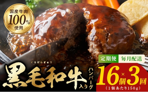 黒毛和牛入り 国産牛肉100％ ハンバーグ 定期便 16個×全3回 150gサイズ【毎月配送コース】 099Z376