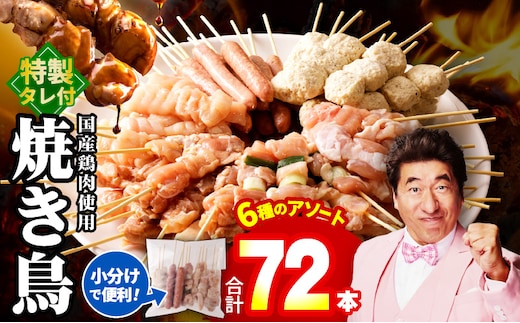 焼鳥 6種72本 【国産 国産鶏 鶏肉 焼き鳥 やきとり 加工品 惣菜 おかず おつまみ 冷凍 小分け もも ねぎま ムネ つくね ソーセージ 肩 タレ付き 農福連携】 099H3399