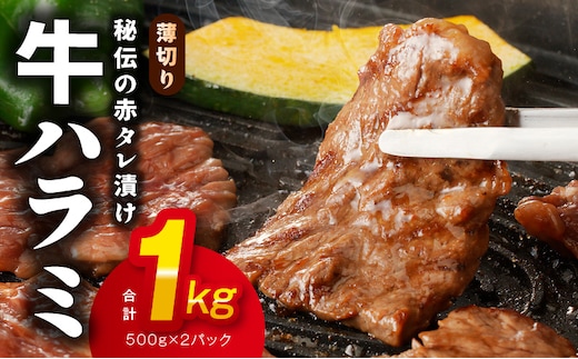 牛ハラミ肉 1kg 薄切り スライス【小分け 500g×2 訳あり サイズ不揃い 秘伝の赤タレ漬け 牛肉 焼肉用 焼くだけ 小分け BBQ やきにく 数量限定】 010B1799