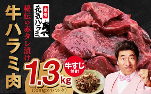 牛ハラミ肉 1.3kg（ハラミ 300g×4P+牛すじ 100g）【1位獲得 秘伝の赤タレ 泉州元気ハラミ 牛肉 はらみ 小分け 焼肉 お弁当 BBQ 訳あり ワケアリ わけあり サイズ不揃い 規格外 TVで話題】 015B577