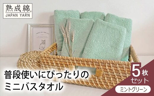 泉州タオル「普段使いにぴったりのミニバスタオル」５枚セット（ミントグリーン）【泉州タオル 国産 吸水 普段使い 無地 シンプル 日用品 家族 ファミリー】 knt0058