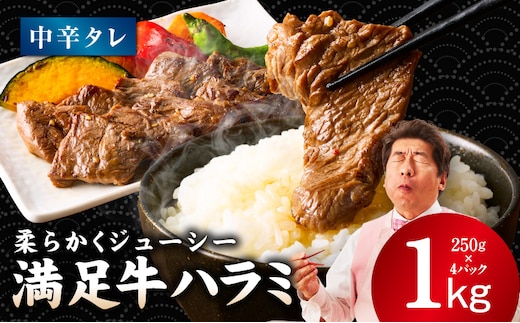 【満足牛ハラミ】中辛タレ漬け 合計1kg 【味付け ハラミ 小分け 焼くだけ 簡単調理 BBQ 牛肉 250g×4P】 G3357