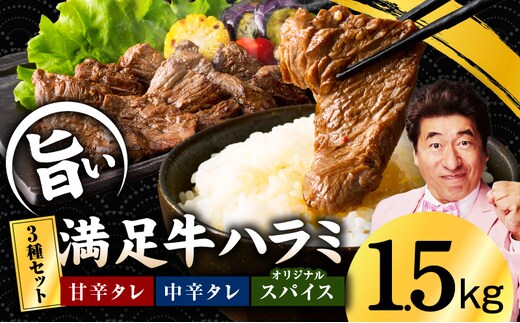 【満足牛ハラミ】3種セット （甘辛タレ漬け・中辛タレ漬け・オリジナルスパイス仕込み） 合計1.5kg 【味付け ハラミ 小分け 焼くだけ 簡単調理 BBQ 牛肉 250g×6P】 G3364