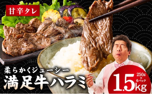 【満足牛ハラミ】甘辛タレ漬け 合計1.5kg 【味付け ハラミ 小分け 焼くだけ 簡単調理 BBQ 牛肉 250g×6P】 G3368