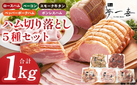 ハム 切り落とし 5種セット 合計1kg【ロースハム ベーコン スモークタン ペッパーポークハム ボンレスハム切り落とし 人気総菜 訳あり サイズ不揃い】 G4104
