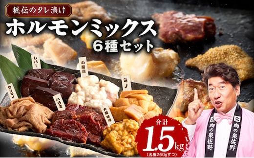 ホルモンミックス 6種セット 合計 1.5kg 秘伝のタレ漬け【食べ比べ 250g×6種 小分け 焼肉 牛肉 ハラミ ミノ センマイ レバー 小腸 大腸 】 099H4742