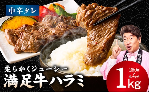 【満足牛ハラミ】中辛タレ漬け 合計1kg 【スピード発送 味付け ハラミ 小分け 焼くだけ 簡単調理 BBQ 牛肉 250g×4P 普段使い】 G5276