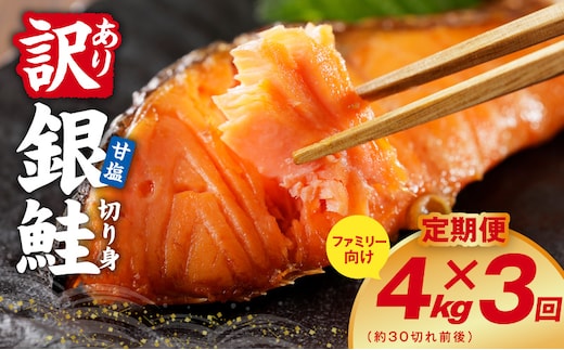 【定期便】銀鮭 切り身 4kg(約30切れ前後) 全3回【訳あり 規格外 甘塩 バラ凍結 海鮮 魚介 鮭 さけ しゃけ お弁当 朝食 おかず 簡単調理 家計応援】 kgpZ038