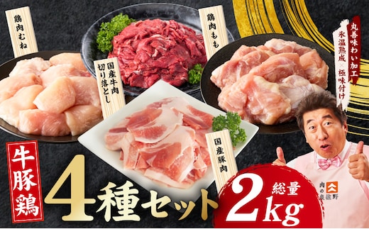 国産 牛豚鶏 4種セット 2kg【氷温熟成×極味付け 牛肉 豚肉 鶏肉 もも むね 食べ比べ 普段使い 味付き 小分け 訳あり サイズ不揃い】 mrz0402