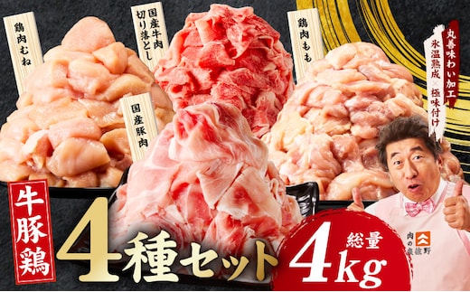国産 牛豚鶏 4種セット 4kg【氷温熟成×極味付け 牛肉 豚肉 鶏肉 もも むね 食べ比べ 普段使い 味付き 小分け 訳あり サイズ不揃い】 mrz0403