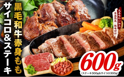 【氷温熟成×極味付け】黒毛和牛赤身ももステーキセット 総量600g（ステーキ 3枚＆サイコロ 300g）【味付け 焼くだけ 簡単調理 牛肉】 mrz0436
