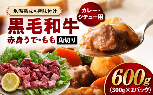 【氷温熟成×極味付け】黒毛和牛 赤身 うで・もも 角切り 600g【煮込み用 300g×2P 小分け 訳あり サイズ不揃い 簡単調理 カット済み カレー シチュー】 mrz0437