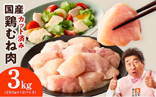 【カット済み】国産 鶏むね肉 3kg【スピード発送 氷温熟成×極味付け 小分け 250g×12P 鶏肉 とり 簡単調理 唐揚げ 親子丼 冷凍 大阪 泉佐野 大阪府 泉佐野市】 mrz0494