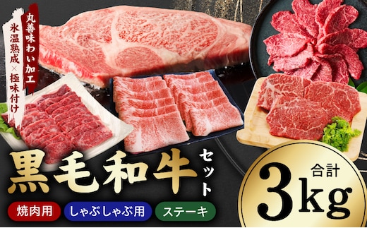【氷温熟成×極味付け】黒毛和牛セット 合計3kg【小分け 焼肉 しゃぶしゃぶ ステーキ 簡単調理 BBQ 牛肉 黒毛和牛 味付き】 mrz0504