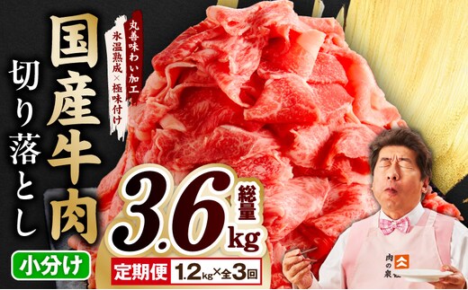 【定期便】国産 牛肉 切り落とし 1.2kg×全3回 総量 3.6kg【国産 牛肉 氷温熟成×極味付け 訳あり サイズ不揃い カレー 牛丼 野菜炒め 肉じゃが 家計応援 毎月配送コース】 mrzZ014