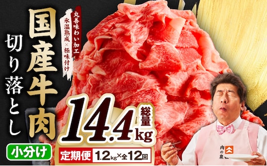 【定期便】国産 牛肉 切り落とし 定期便 1.2kg×全12回 総量 14.4kg【国産 牛肉 氷温熟成×極味付け 訳あり サイズ不揃い カレー 牛丼 野菜炒め 肉じゃが 家計応援 毎月配送コース】 mrzZ016