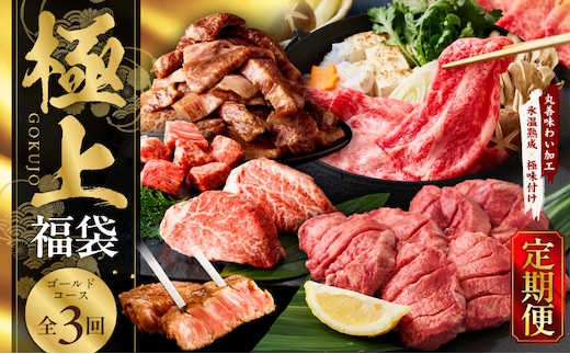 極上福袋 定期便 ゴールドコース 全3回【5種 食べ比べ 牛肉 ステーキ 牛タン 焼肉 しゃぶしゃぶ すき焼き 氷温熟成×極味付け 毎月配送コース】 mrzZ030
