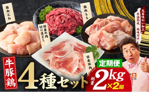 【定期便】国産 牛豚鶏 4種セット 2kg×2回【氷温熟成×極味付け 牛肉 豚肉 鶏肉 もも むね 食べ比べ 普段使い 味付き 小分け 訳あり サイズ不揃い 毎月配送コース】 mrzZ086