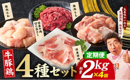 【定期便】国産 牛豚鶏 4種セット 2kg×4回【氷温熟成×極味付け 牛肉 豚肉 鶏肉 もも むね 食べ比べ 普段使い 味付き 小分け 訳あり サイズ不揃い 毎月配送コース】 mrzZ087