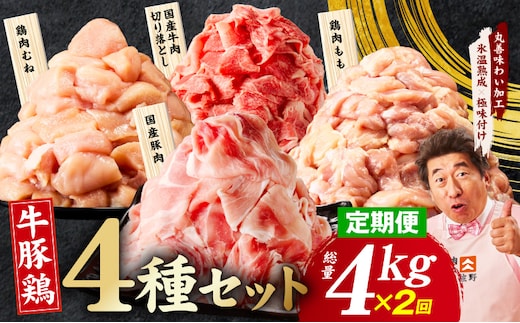 【定期便】国産 牛豚鶏 4種セット 4kg×2回【氷温熟成×極味付け 牛肉 豚肉 鶏肉 もも むね 食べ比べ 普段使い 味付き 小分け 訳あり サイズ不揃い 毎月配送コース】 mrzZ088