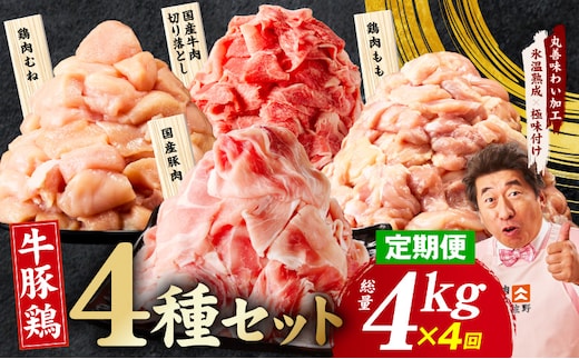 【定期便】国産 牛豚鶏 4種セット 4kg×4回【氷温熟成×極味付け 牛肉 豚肉 鶏肉 もも むね 食べ比べ 普段使い 味付き 小分け 訳あり サイズ不揃い 毎月配送コース】 mrzZ089