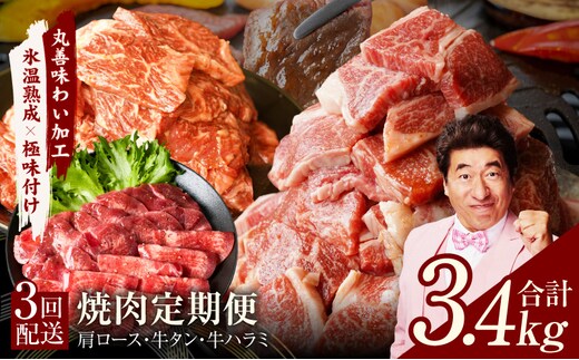 焼肉定期便 総量3.4kg（肩ロース／牛タン／牛ハラミ）全3回 丸善味わい加工【毎月発送コース】 mrzZ009
