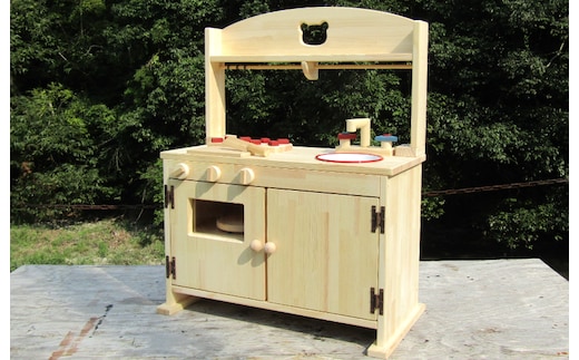 手作り木製「棚付き」ままごとキッチン 大型レンジ付き すかし入り DHK