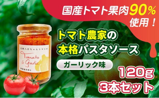 【国産トマト果肉90%使用！】トマト農家の本格パスタソース ガーリック味 120g 3本セット｜国産 姫路市産 完熟八百ちゃんトマト 万能調味料