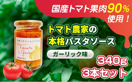 【国産トマト果肉90%使用！】トマト農家の本格パスタソース ガーリック味 340g 3本セット｜国産 姫路市産 完熟八百ちゃんトマト 万能調味料