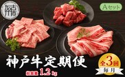 神戸牛定期便 A 【全3回】《 肉 牛肉 神戸牛 カルビ スライス肉 ばら すき焼き 焼肉 ステーキ 計1.2kg 定期便 冷凍 》【2505A16917】