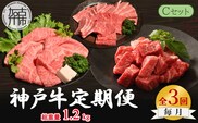 神戸牛定期便 C 【全3回】《 肉 牛肉 神戸牛 肩ロース スライス肉 すき焼き 焼肉 ステーキ 計1.2kg 定期便 冷凍 》【2507A16919】