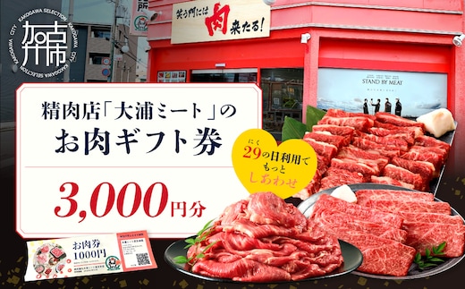 【牛肉のまち加古川】精肉店「大浦ミート」のお肉ギフト券(3,000円分)《 肉 お肉 チケット ギフト ギフト券 精肉店 加古川市 》【2601L00201】