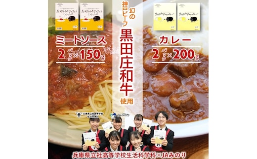 《ビーフカレー＆ミートソース各2食》黒田庄和牛ぎゅぎゅっとセット（06-43）