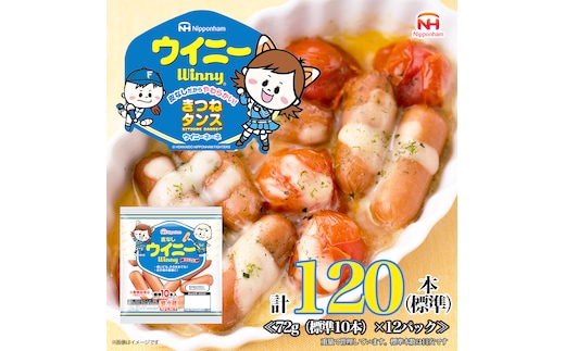 定期便 皮なしウイニー 1袋(標準10本入)×12袋 計120本(標準)【3か月お届け】 日本ハム 工場直送 ウイニー ウインナー ソーセージ 朝食 お弁当 カルシウム入 栄養機能食品 小分け 使い切り ふるさと納税