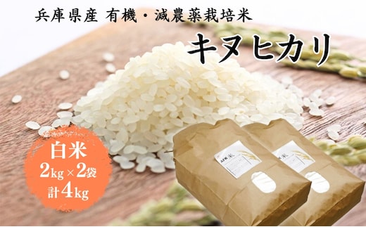 米 令和7年産 有機 ・ 減農薬栽培米 キヌヒカリ 白米 4kg（2kg×2） お米 精米 単一品種 単一原料米 国産 兵庫県産