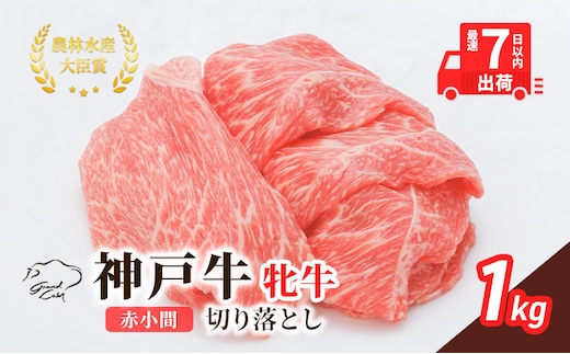 【最短7日以内発送】 神戸ビーフ 神戸牛 牝 切り落とし 赤小間 1000g 1kg 川岸畜産 すき焼き 牛丼 冷凍 大容量 肉 牛肉 すぐ届く お肉 和牛 食材 グルメ ブランド牛 日本産 国産 夕飯 晩御飯 夜ごはん 