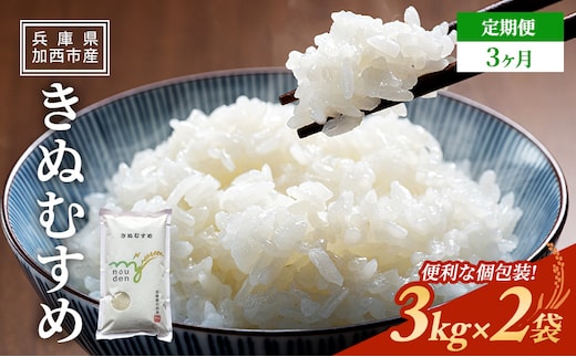 お米 定期便 きぬむすめ 白米 6kg(3kg×2袋) 3ヶ月連続お届け 米 単一原料米 精米 ごはん ご飯 白飯 小分け