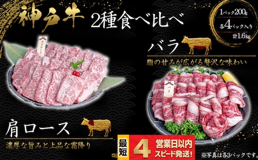 神戸牛 焼肉 2種食べ比べセット 肩ロース肉 ばら肉 計1.6kｇ 霜降り 脂の甘み 牛肉 国産牛 和牛 焼き肉 バーベキュー BBQ ギフト お祝い 神戸ビーフ スピード発送 4営業日以内