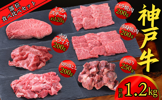 神戸牛 部位食べ比べセット 計約1.2kg（赤身スライス200g、赤身焼肉200g、バラ焼肉200g、切り落とし200g、角切り250g、ミスジステーキ120g）67-10
