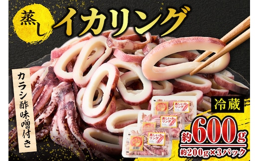 蒸しイカリング 600g（1パック約200g×３パック）からし味噌付き 冷蔵 いか イカフライ スチーム 蒸しイカ バーベキュー 焼肉 鉄板焼き BBQ キャンプ 国産 兵庫県 香美町 香住 モリタ食品 10-11