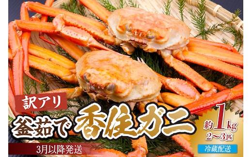 【先行予約】【訳あり茹で香住ガニ 約1kg（2～3匹）冷蔵】令和8年3月以降、水揚げ次第順次発送予定 宿院商店 33-42
