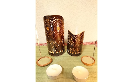 竹製キャンドルホルダー フクロウセットＦ-1 (表皮焦がしタイプ)／癒し 竹あかり おうち時間 キャンプ