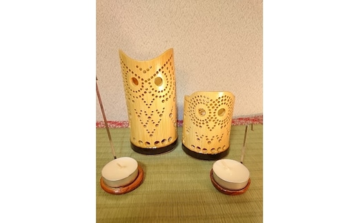 竹製キャンドルホルダー フクロウセットＦ-2 (表皮剥ぎタイプ)／癒し 竹あかり おうち時間 キャンプ
